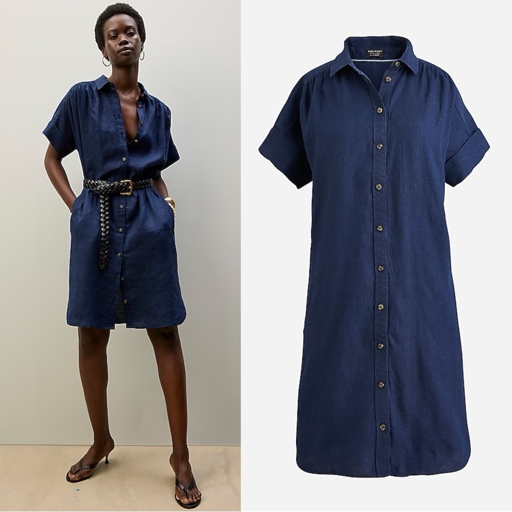 J Crew • Relaxed-fit Short-sleeve Baird McNutt Irish Linen Shirtdress shift navy